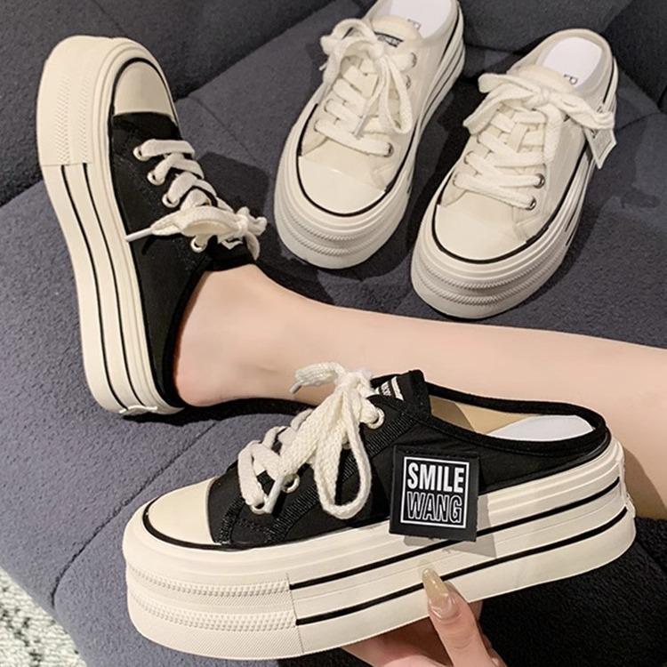Canvas Half Slippers Women's Summer Wear 2025 New Internet Celebrity Explosion High Sense Thick Bottom Height No Heel Lazy