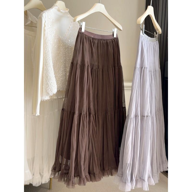 

French gentle wind medium and long large pendulum umbrella skirt women s spring new high-waisted mesh A-fold pleated skirt one size fits all кавовий