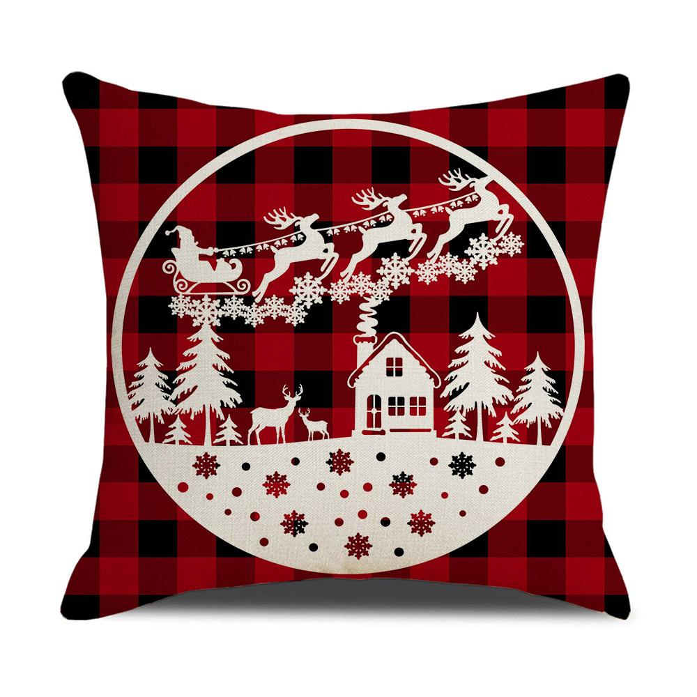 Red and Black Christmas Throw Pillow Cover Linen Print Christmas Elk Sleigh Pillow Sofa Cushion Cover