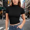 Dames T-shirt met korte mouwen, slank gesneden, met opstaande kraag, rekbaar, lichtgewicht, ademend, basic top voor dagelijks gebruik