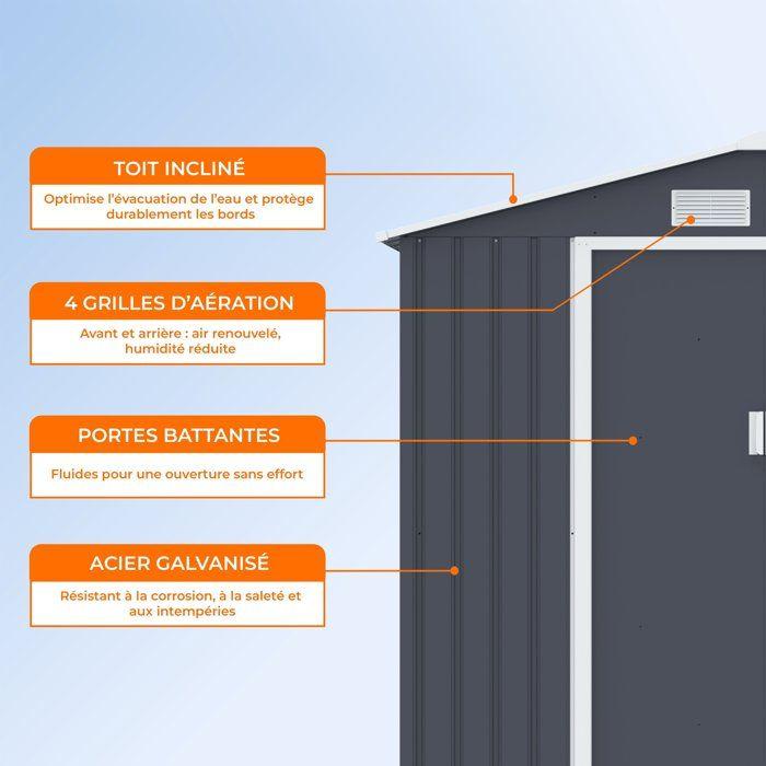 Abrigo de jardim em metal 4,07 m² - 213 x 191 x 195 cm - MARS - Kit de ancoragem incluído, 2 portas deslizantes - Cinzento