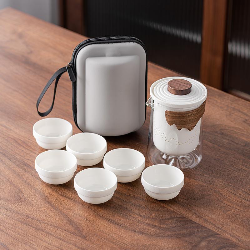 Jade white porcelain travel tea set, one pot of six cups, outdoor boutique, portable and anti-scalding express cup, high-end gifts.