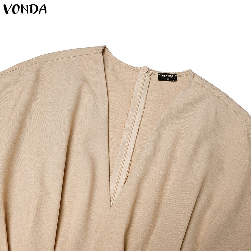VONDA Women Elegant V Neck Pleated Midi Dress Short Sleeve High Waist A Line Office Style Sundress