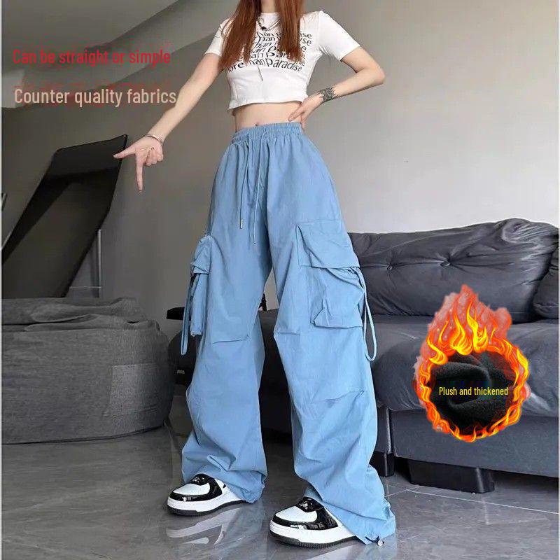 2024 Americký styl silné laclové kalhoty: Dámský podzimní/zimní trend, ležérní univerzální rovné volné kalhoty se širokými nohavicemi pro muže