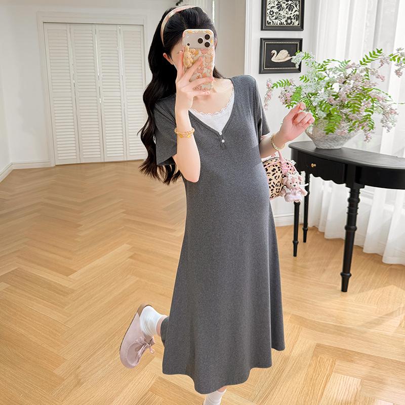 Korean Style Maternity V-Neck Two-Piece Loose Dress - Summer Slimming Skirt 2026 L