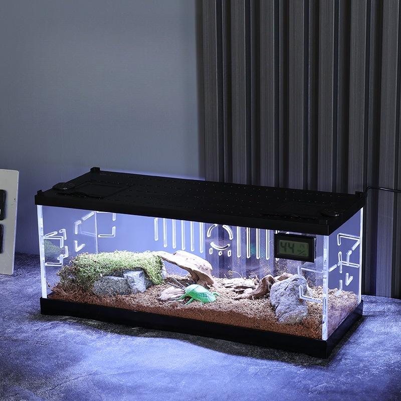 Acrylic Small Animal Heating Anti-escape Cages Hermit Crab Hamster Cage Breeding Tank Climbing Pet Feeding Box with LED Lighting