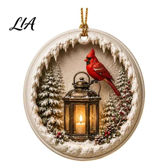 Winter Window Ornaments Acrylic Christmas Red Bird Ornament, Snow Scene Pattern Xmas Tree Lightweight Decor Hanging Decor, Retro Round Pendant