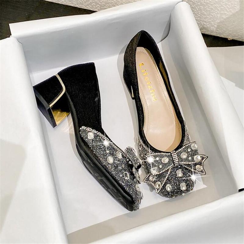 2024 New Women Shoes Fashion Thick Heel Square Toe Rhinestone Shallow Mouth Women Shoes Large Size 43 Women's Wedding Shoes