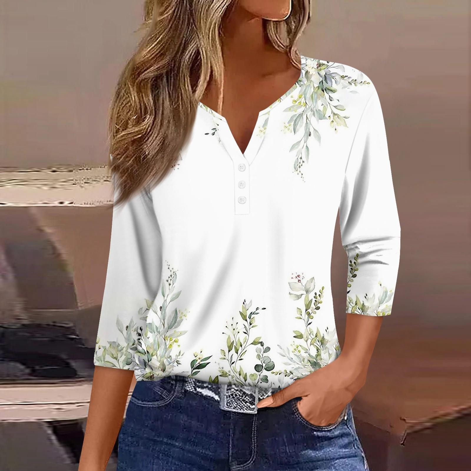 

Жен. Футболка С принтом Пуговицы Рукав 3/4 Повседневные Выходные Мода Классический V-образный вырез Обычный Верх XXL