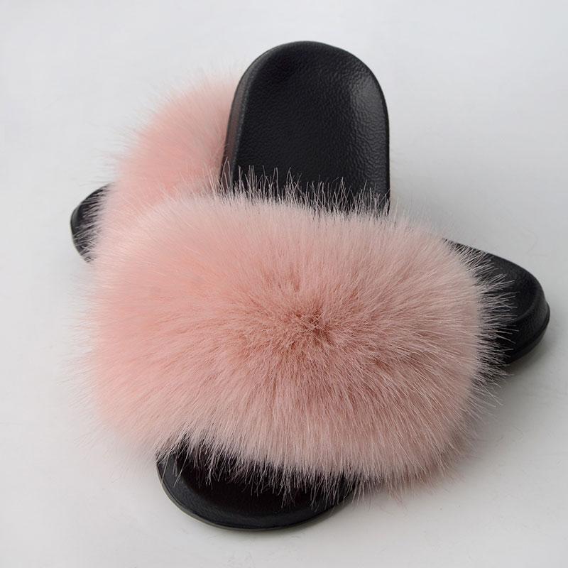 Women'S Faux Fox Fur Slippers Large Summer Open-Toe Fluffy Casual Anti-Slip Sandals Fluffy Black Slide Fur Slider