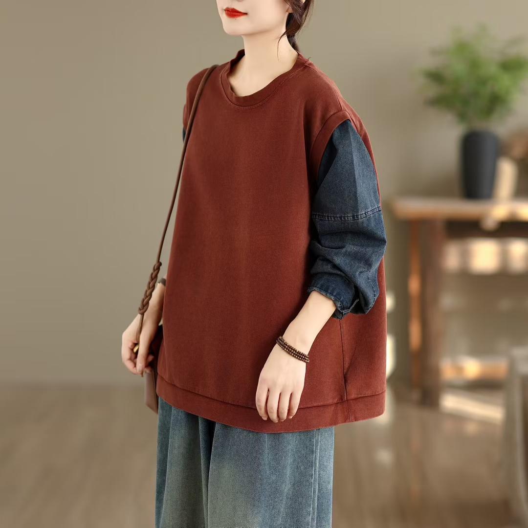 

Dimanaf Новый 2025 Женский Хлопок С Вставками Джинсовый Принт Длинный Рукав Осень Базовые Топы Футболка Новый Пуловер One Size