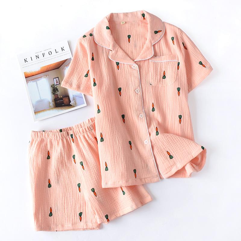 New Ladies Pajamas Suit Summer Comfortable Cotton Gauze Lapel Pajamas Suit Women Thin Loose Cartoon Carrot Printing Home Service