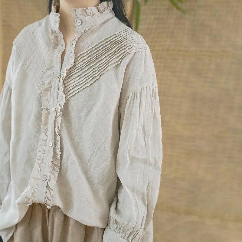 Johnature Dámské Vintage košile Topy Stojánek Jarní halenky s knoflíkem Dlouhý rukáv Jednobarevné košile v čínském stylu