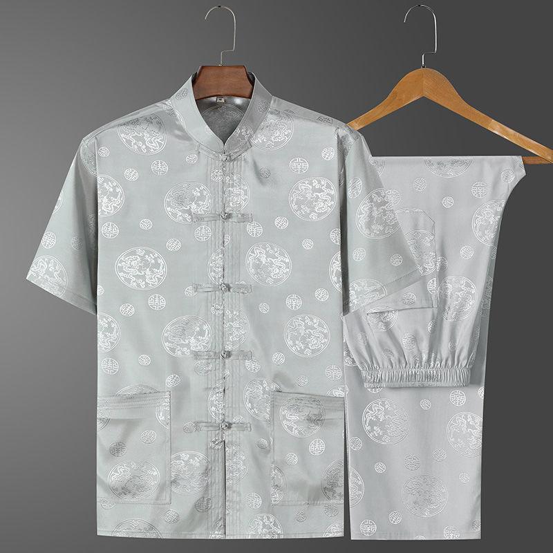 Casual Ice Silk Tang Suit Men's Short Sleeve Loose Fit Plus Size Chinese Style Father Hanfu Summer Clothing For Middle-Aged
