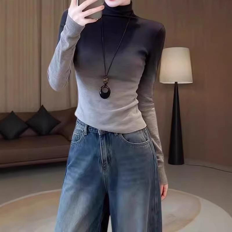 Gradient Cropped Semi-High Neck Slim Fit Thermal Top - 2026 Autumn/Winter Korean Style Women's Clothing