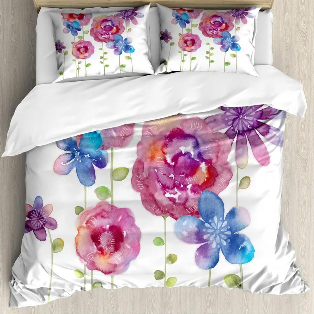 Watercolor Flower Duvet Set Bedding Three-Piece Set