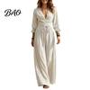 Daily Wear Lace Dress Women V-Neck for Fall, 3/4 Sleeves Maxi with Solid Color Belt, Loose Casual Long Vacation Three Quarter Sleeve