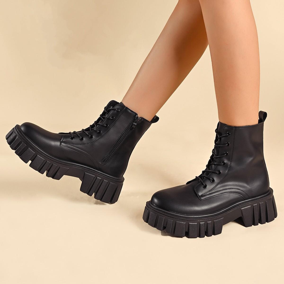 

Массивные белые ботильоны на платформе женские осенне-зимние ботильоны из искусственной кожи Mujer панк толстая подошва мотоциклетные ботинки размер 35-43 37 чёрный