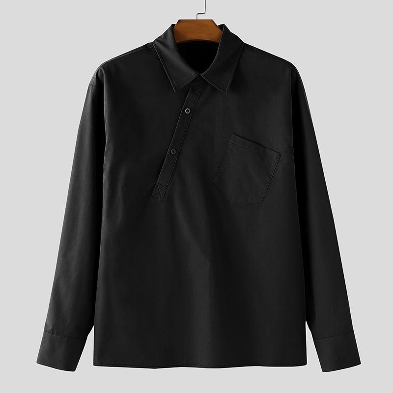 

INCERUN Men Lapel Neck Long Sleeve Solid Color Casual Loose Shirts Tops S чёрный