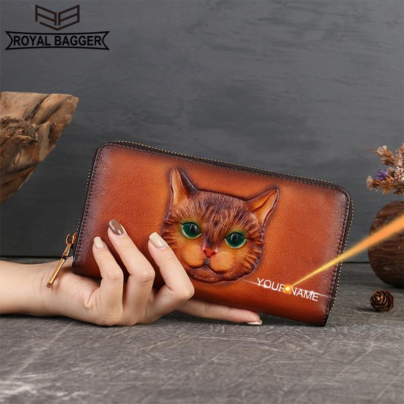 

Royal Bagger Натуральная коровья кожа Монета Кошелек Молния Длинный кошелек для женщин Винтажный Кошачий Тиснение Дизайн Держатель Карты 9734