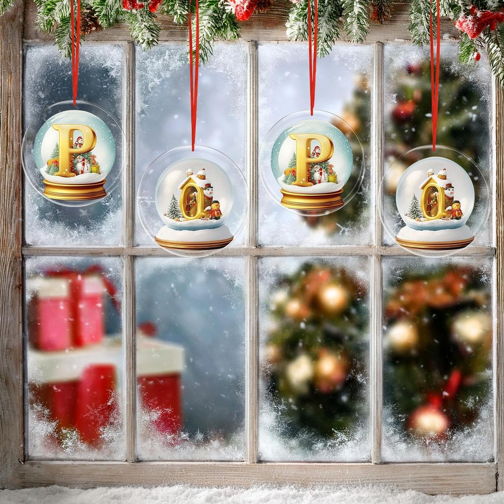 Christmas Ornament 2D 26 Letters Yellow Crystal Ball Acrylic Snowman Scene Festive Car Tree Hanging Decor Accessory