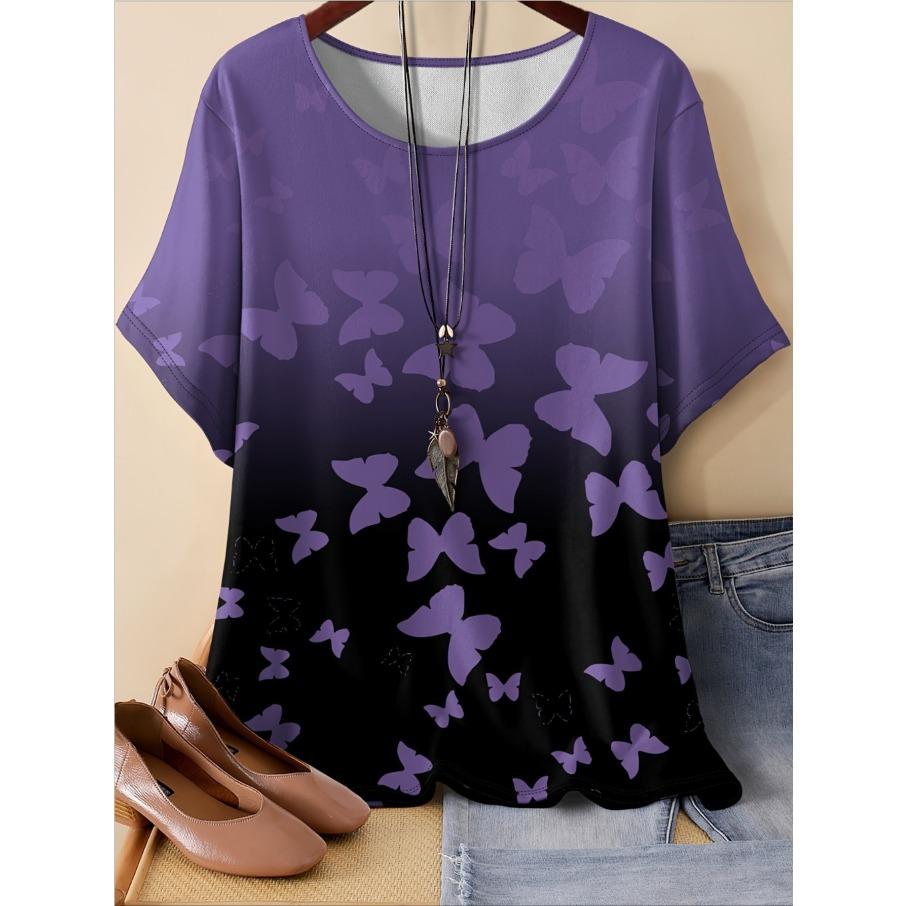 XL-7XL Übergröße Damen Casual 3D-Druck Lockerer Rundhals Kurzarm T-Shirt Top