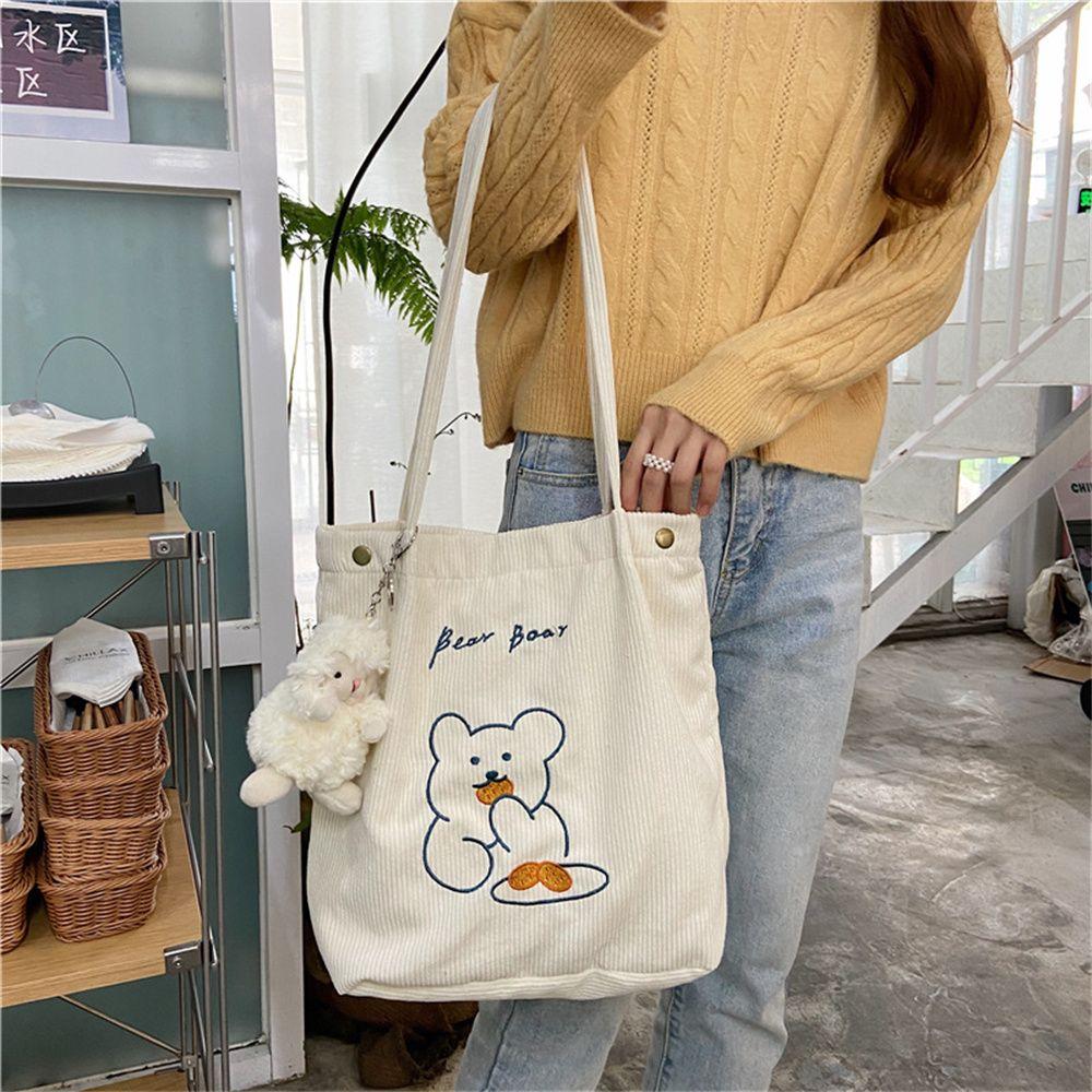 Women Corduroy Shoulder Bag Bears Embroidery Striped Canvas Handbag Eco Cloth Tote Cute Soft Shopping Bags For Ladies Animal Bag