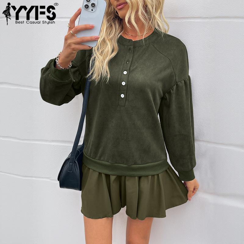 YYFS Women's Fashion Spring Fall Solid Color Print Long Sleeve O-Neck Loose Waistline Casual Dresses