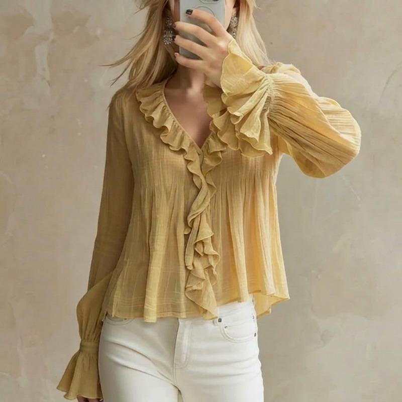 Blusa da Donna Dolce con Volant, Scollo a V, Manica Lunga, Casual, Estiva, Autunnale, Versatile