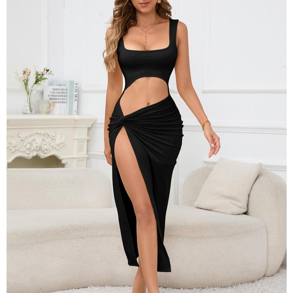 Women's Spaghetti Strap Hollow Out Long Skirt Dress