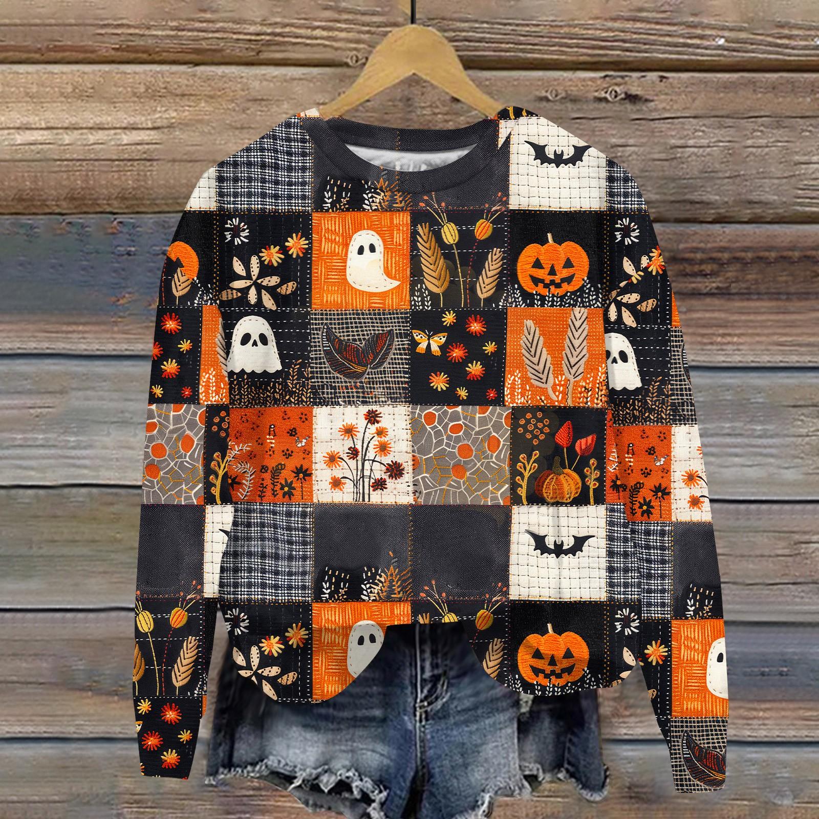 

Женский Хэллоуин с принтом, круглым вырезом и длинными рукавами, свободный крой, повседневный топ с длинными рукавами и длинными рукавами M