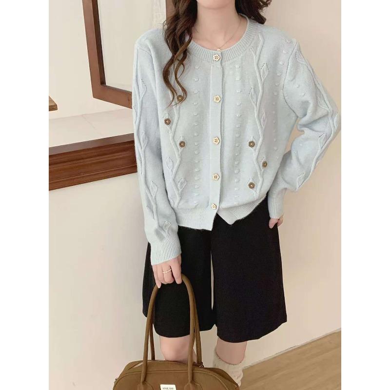 Casual Versatile Loose Fashion Temperament Knitted Sweater Embroidered Flower Single-row Multi-button Crew Neck Autumn and Winter Sweater