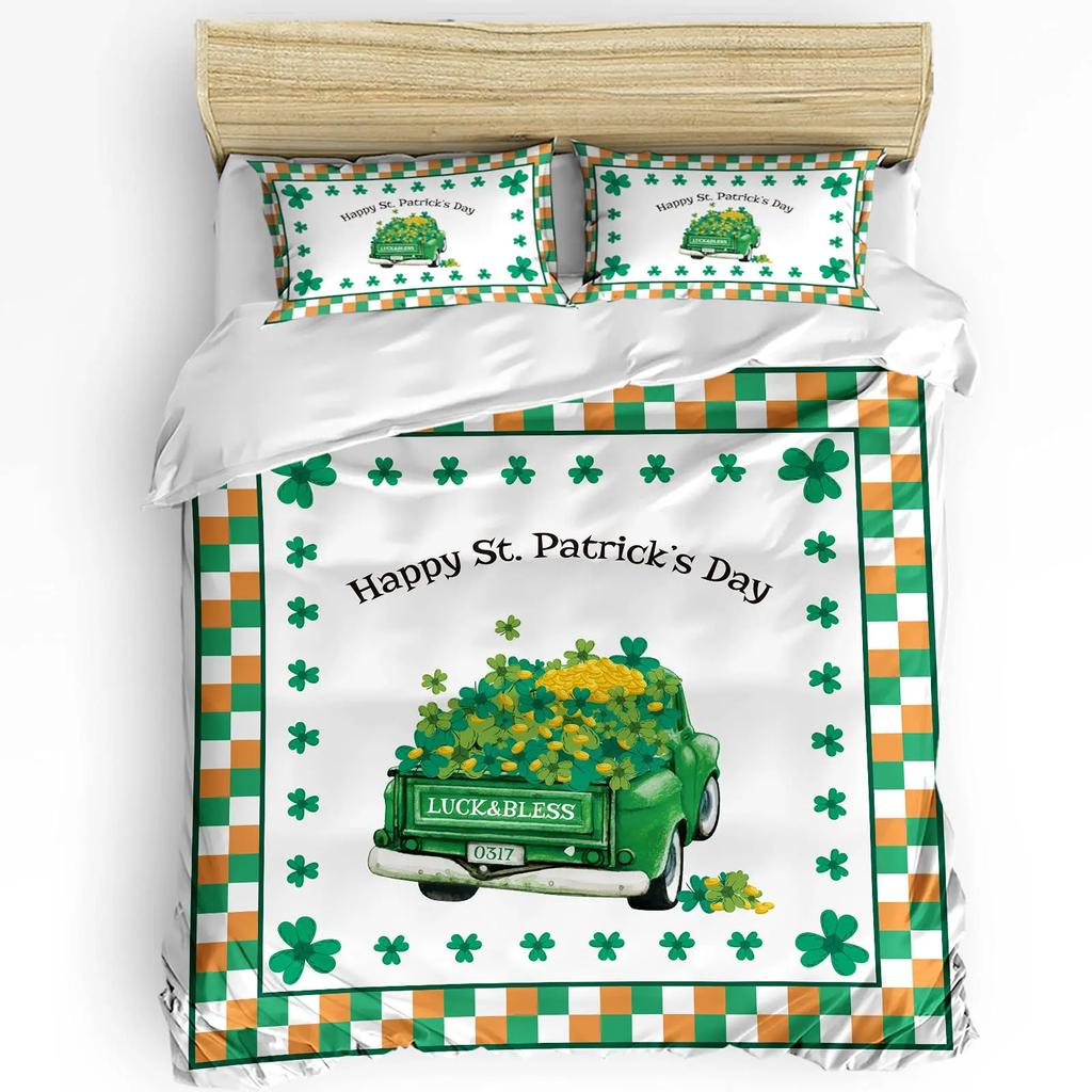 St. Patrick'S Day King Queen Bedding Set Lucky Shamrocks Duvet Cover Irish Clover Celebration Day Party Polyester Quilt Cover