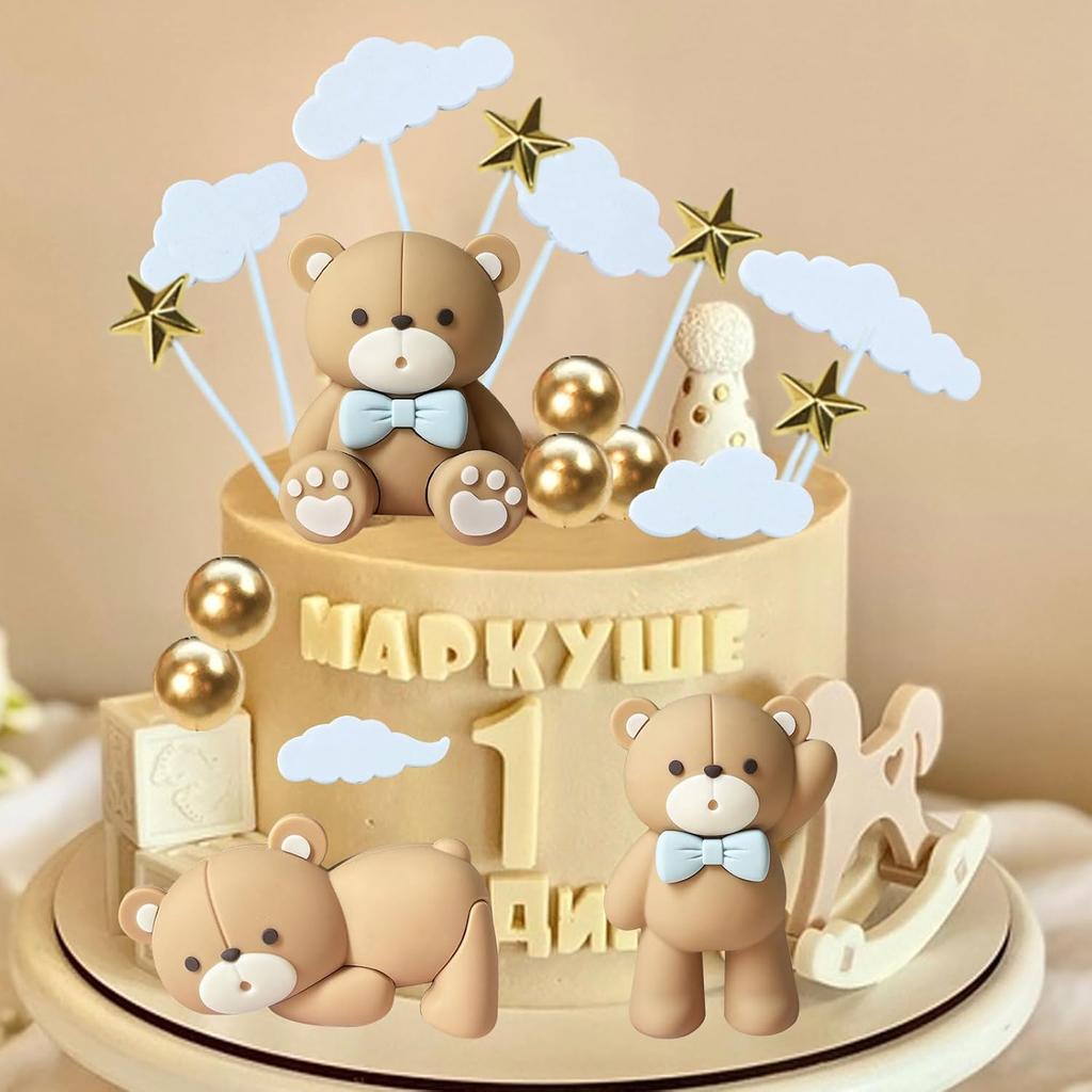 19 PCS Mini Brown Bear Cake Decoration Beige Balls Cake Topper Decoration for Birthday Party Decorations