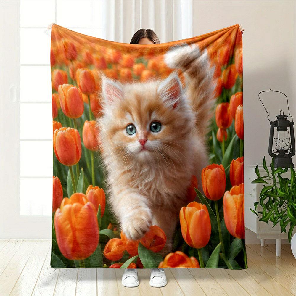 1 Stück Katzen von Blumen umgeben Aufdruck Decke Weich und Bequem Haus Reise Decke Erwachsene und Kind Warme Decke Sofa