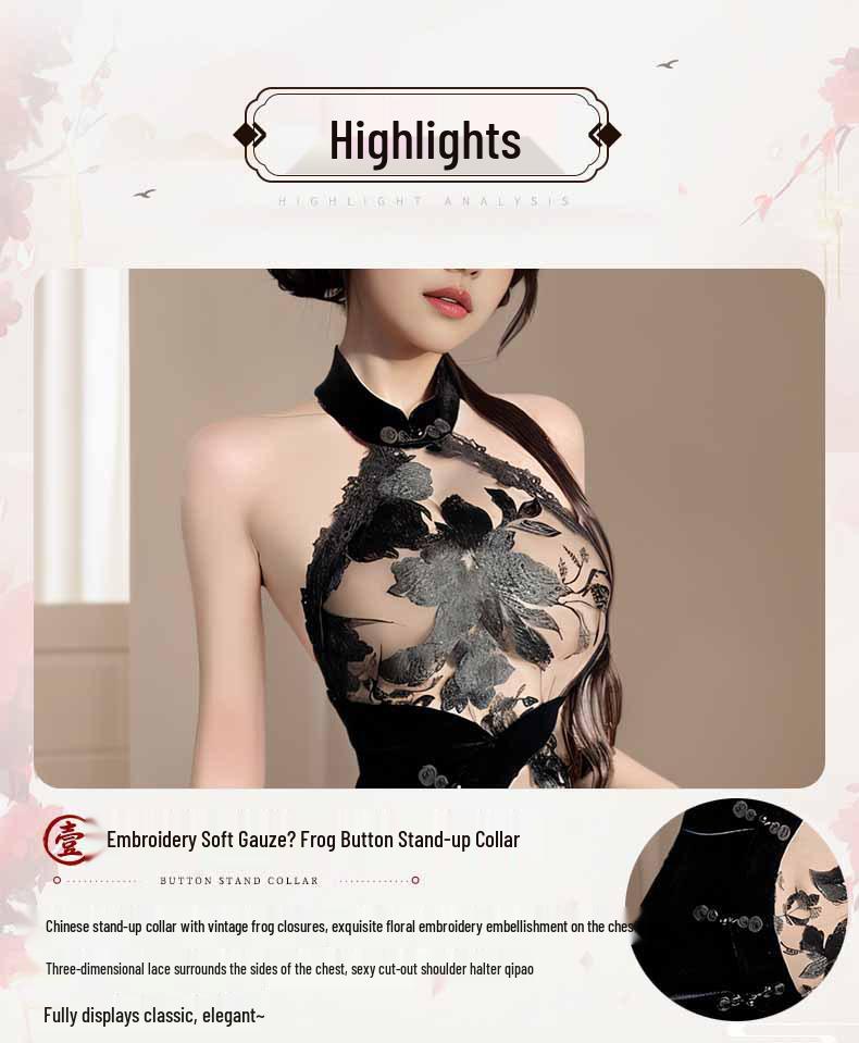 Lace Embroidered Backless Velvet Cheongsam Set
