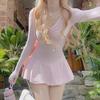 Pembe Kawaii Pilili Tek Parça Elbise Kadın Sevimli Seksi Uzun Kollu Düşük Bel Ince Elbiseler Kadın Tatlı Kıvrımlar Fırfır Moda Giyim 2024