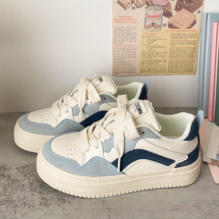 

2025 весна новые маффины толстая подошва цветная подошва женские студенческие шнуровка круглый носок легкие повседневные спортивные маленькие белые туфли 35 синий