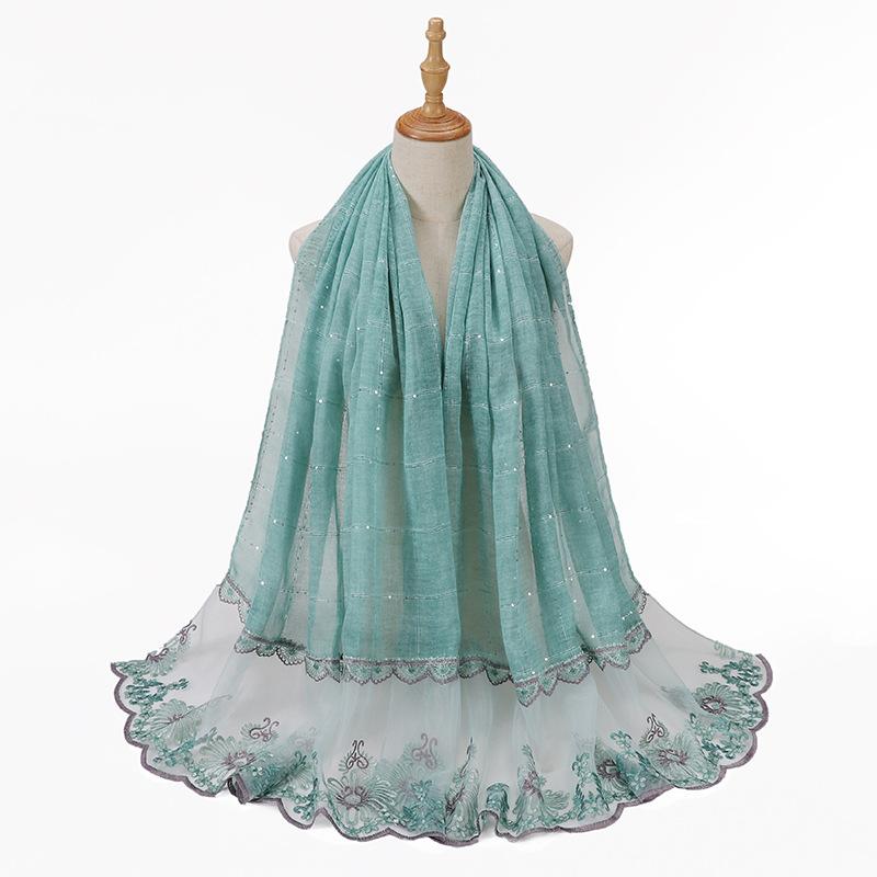 Glitter Scarf Islamic Long Shawls Wraps Luxury Flower Headscarf Headband New Embroidered Lace Sequins Hijab Stitching Splicing