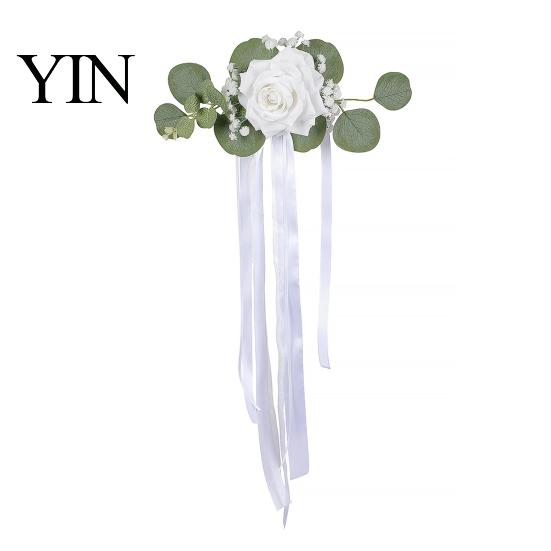 Easy Install Car Flowers Wedding Door Handle Flower with Ribbon Tie And Green Leaves, White Artificial Realistic Petal Decor Rose Rearview Mirror