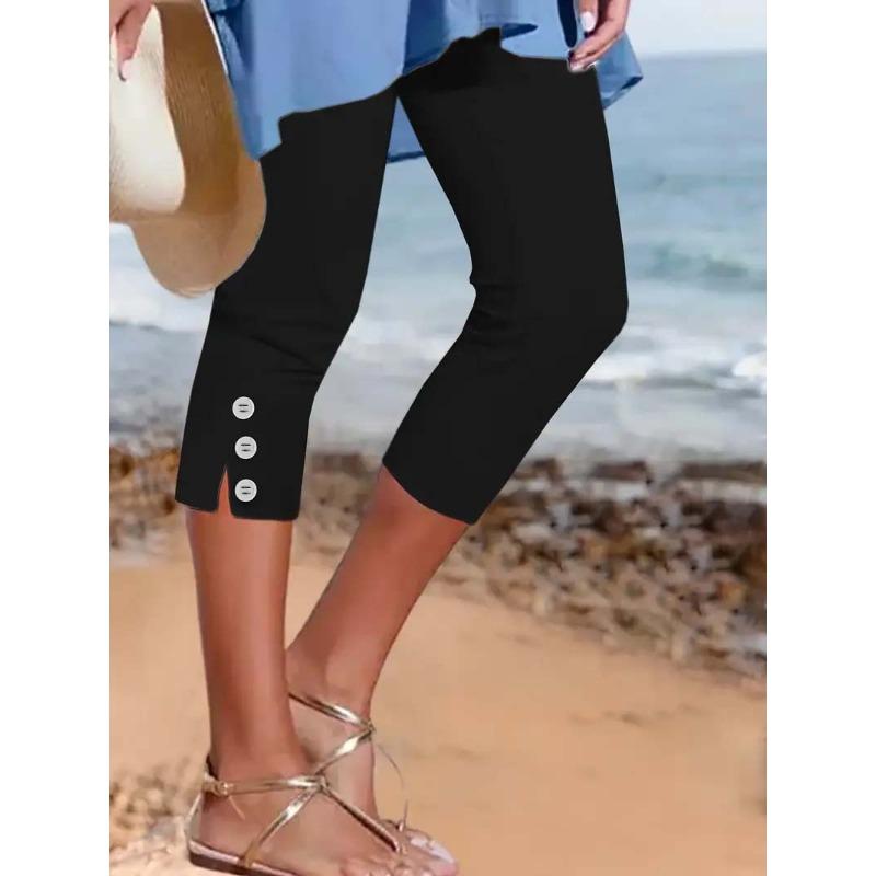 women's Solid Color Elastic Mid Waist Capri Leggings Button Slit Slim Fit Cropped Pants