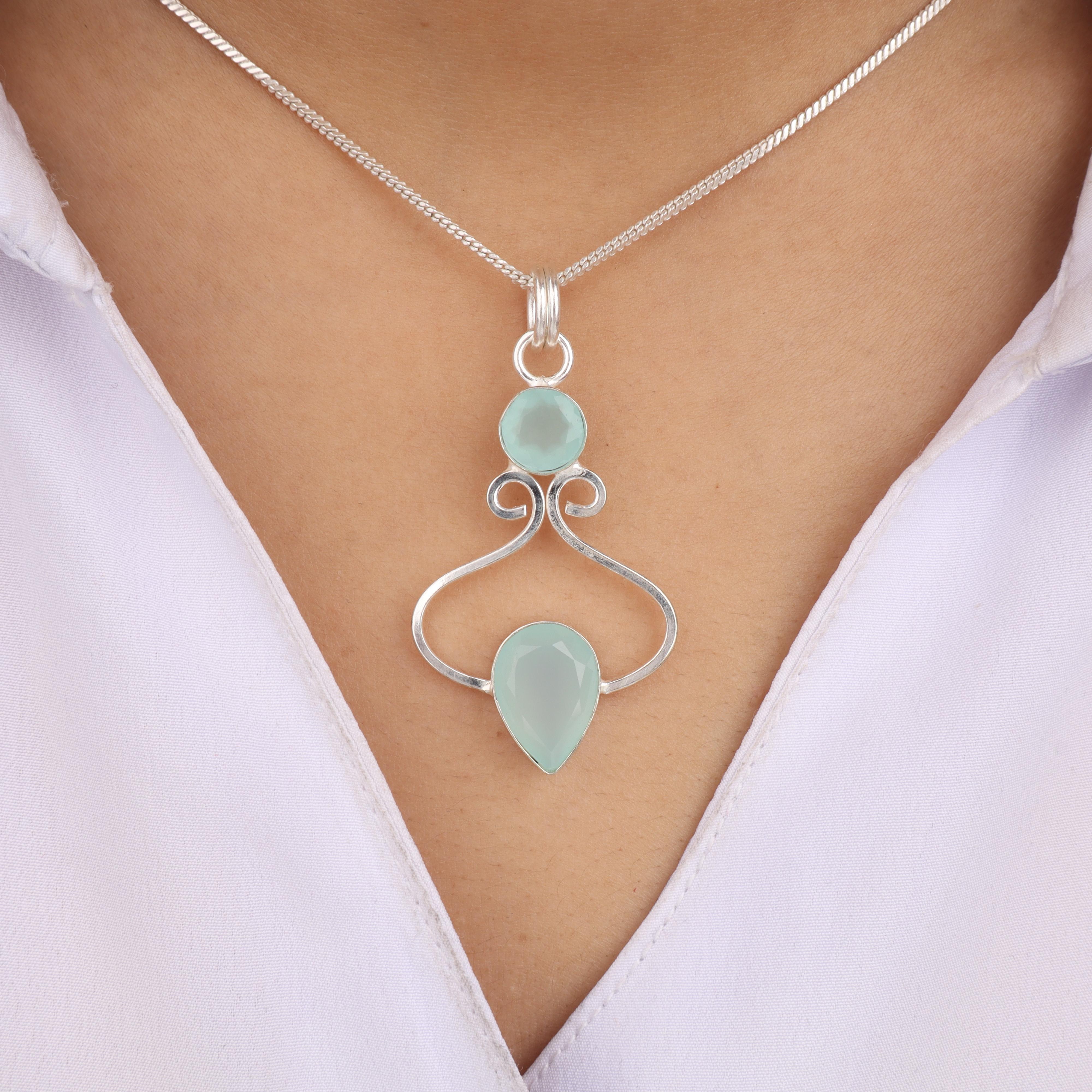 

Aqua Chalcedony Gemstone 925 Sterling Silver Designer Pretty Pendant 1.60 Gift For Mother PP-13-16