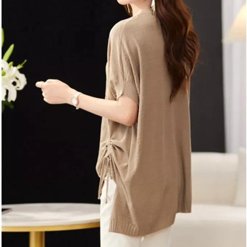 Top for Women Spring Summer Large Size Loose Short Sleeve Knit V-neck Pullover Ice Silk Top