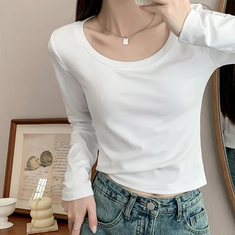 Women s Slim Fit Long-Sleeve U-Neck T-Shirt, Early Spring Style, Petite Base Layer, Versatile Short Top S (80-95 lbs) белый