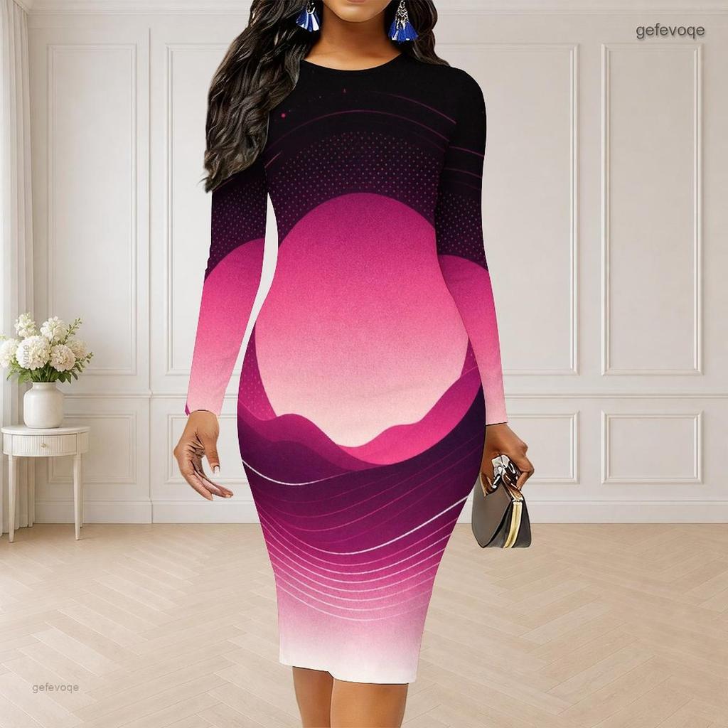 Women Plus Size Round Neck Long Sleeve Printed Gradient Bodycon Midi Dress