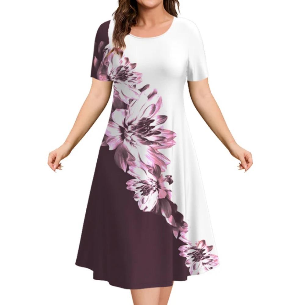 Estampa floral feminina elegante vestido midi, roupas femininas de manga curta extragrande, moda verão, 2024