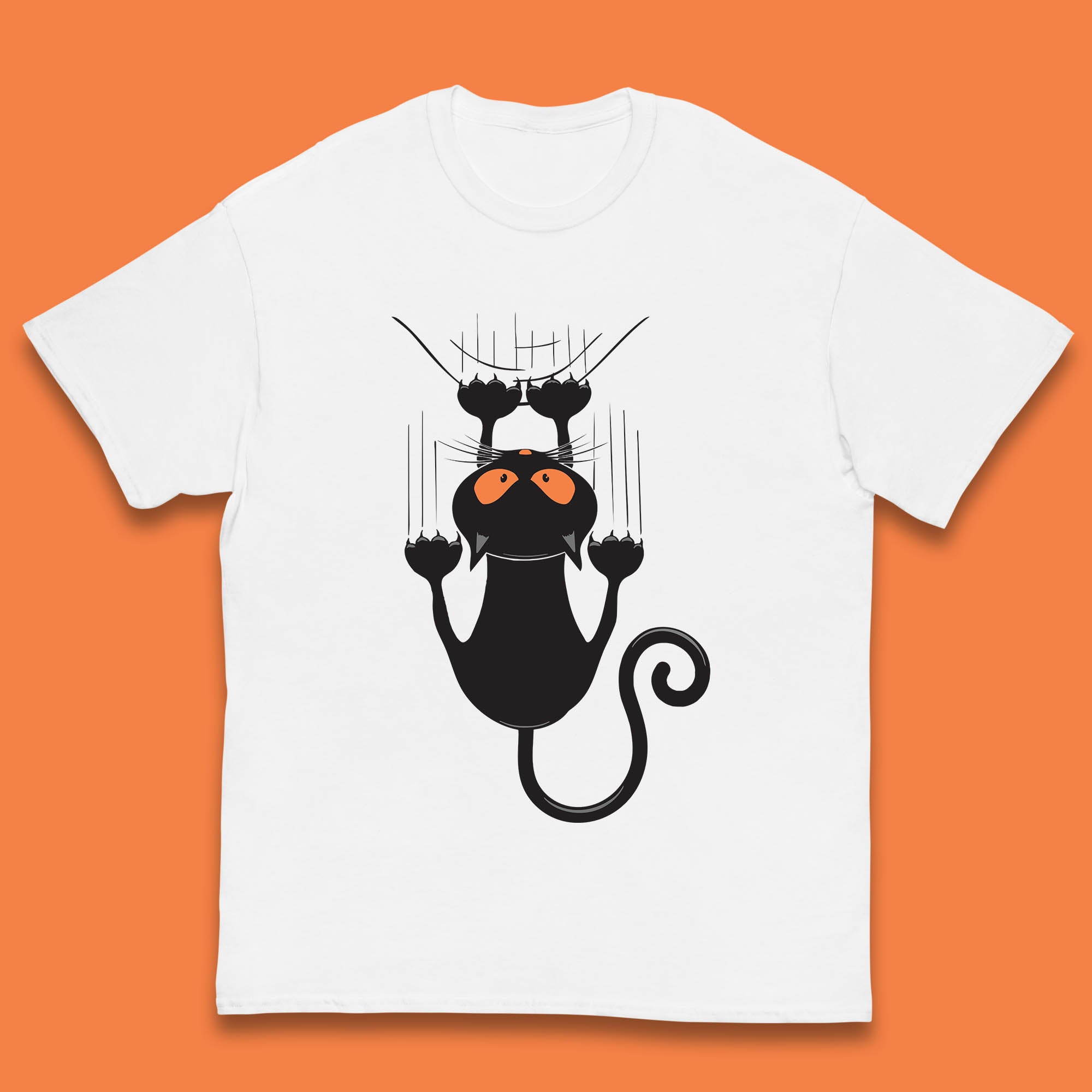 

Black Cat Cartoon Scratching Climbing Wall Halloween Horror Scary Black Cat Spooky Season Kids T Shirt 100