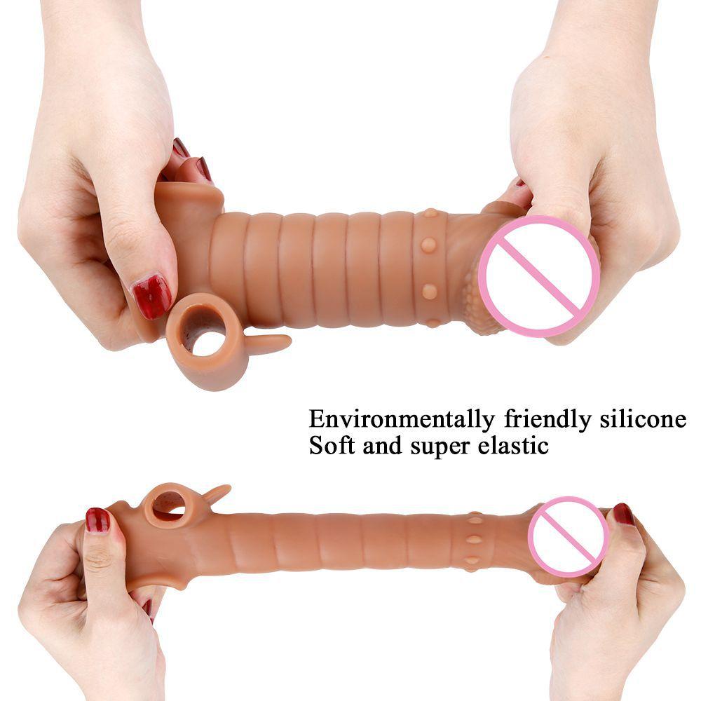 Pénis Mâle Augmentation Manches Longues Silicone Sexe Épaississement Extension Préservatif Vibration Verrouillage Anneau Fin Manches à Pointes Amusantes