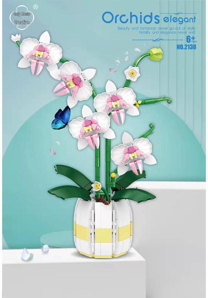 Golden Orchid Preserved Flower Bouquet Building Kit - Small Particle Assembly Display Toy for Girls.