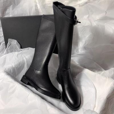 Moda Preto Elegante com Salto Baixo Bico Redondo Senhoras Botas de Cano Alto até o Joelho Outono Inverno Forradas com Lã Gótico Couro Botas Longas Femininas